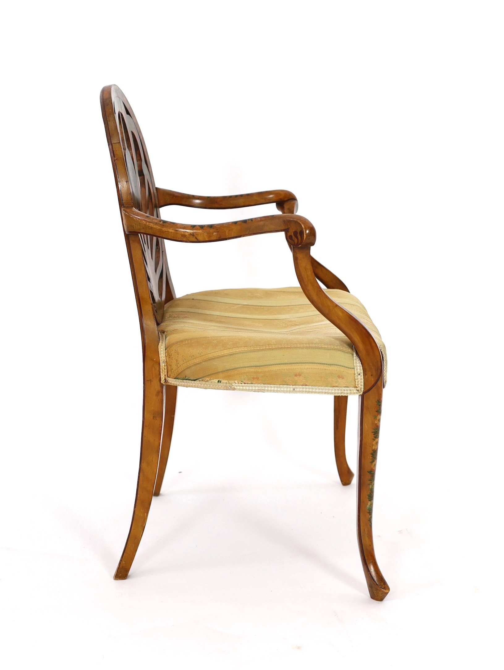 A late Victorian Sheraton revival painted satinwood elbow chair, W.62cm D.54cm H.88cm